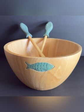 New Wood Clay Art Serving Bowl With Fish Design Utensils